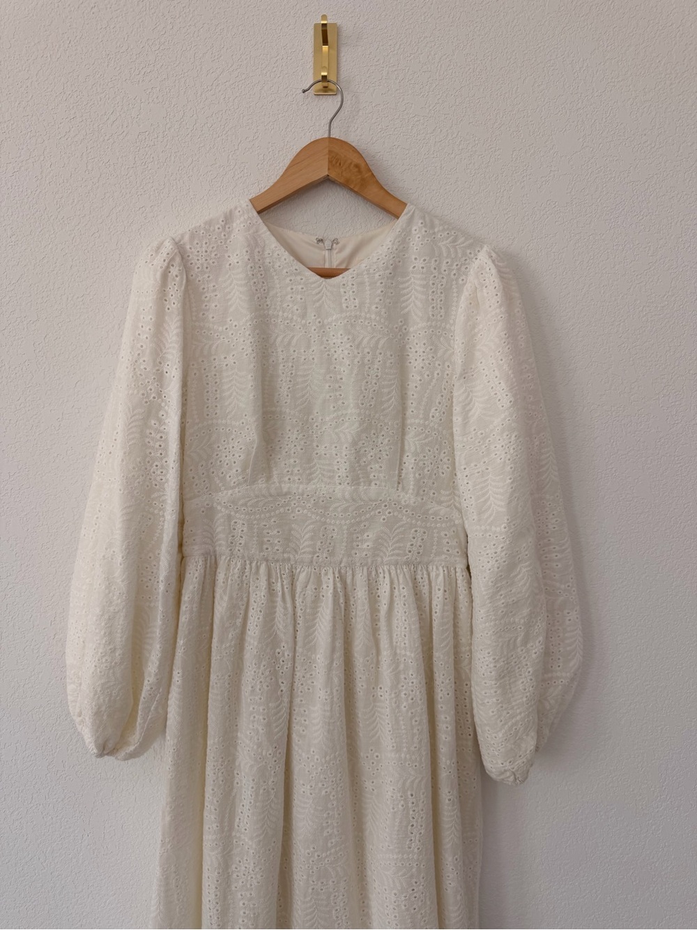 Cream Eyelet Maxi Dress with Long Puff Sleeves